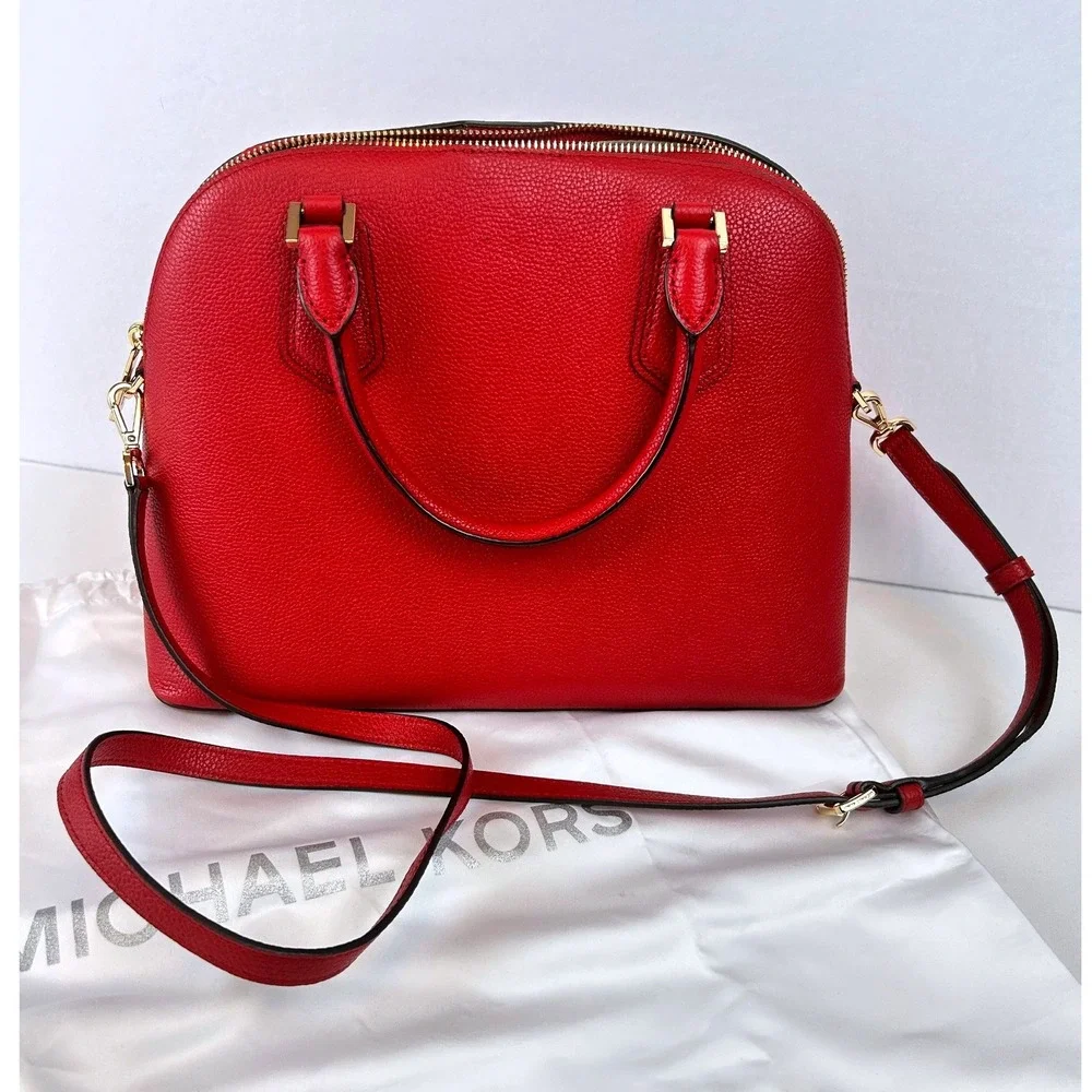 Michael Kors Scarlet Pebbled Leather Dome Satchel Crossbody‎ Bag Gold Hardware - Picture 2 of 15